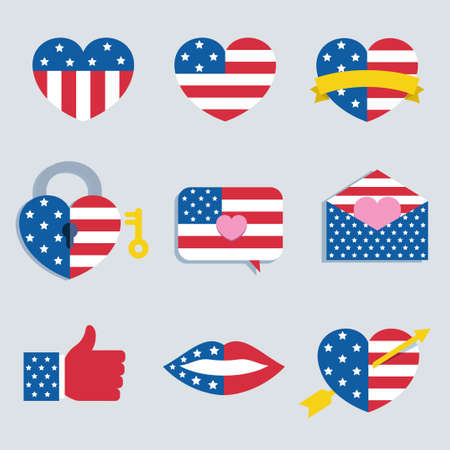 a collection of icons with the 4th of july theme, heart with American flag pattern, lip with American flag patternのイラスト素材