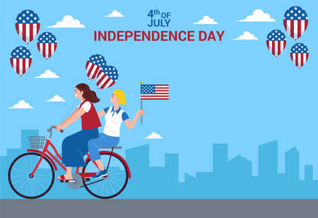 two people celebrating 4th of july while riding bicycles and holding american flag against blue sky background and american flag balloonsのイラスト素材