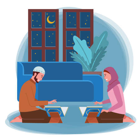 A pair of Muslim men and women are reading the Qur'an in their home at night.のイラスト素材