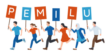 a group of young Indonesians carrying a sign announcing the general election or pemilu in Indonesiaのイラスト素材