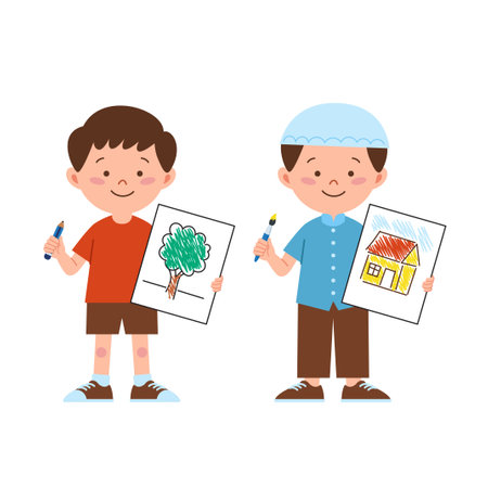 Two boys are holding their drawingのイラスト素材