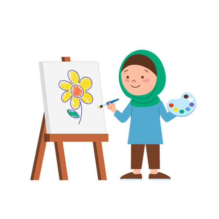 A muslim child with hijab drawing a flower on painting canvasのイラスト素材