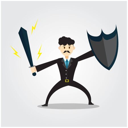 illustration vector graphic cartoon character of a curly hair powerful businessman with a sword and shieldのイラスト素材