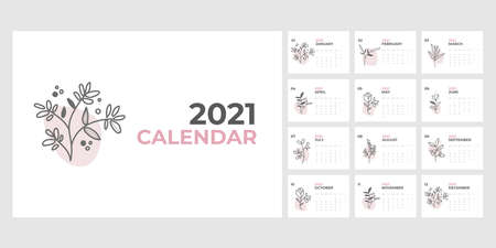 2021 calendar template on a botanical theme. Calendar design concept with abstract seasonal flowers. Set of 12 months 2021 pages. Vector illustration.のイラスト素材