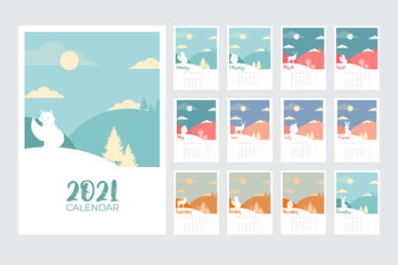 2021 calendar template on a landscape theme. Calendar design concept with all seasons and animal illustration. Set of 12 months 2021 pages. Vector illustration.のイラスト素材