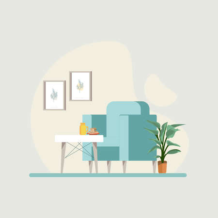 Hygge living concept collage. Scandinavian style cozy interior with homeplants. Vector Illustration.のイラスト素材