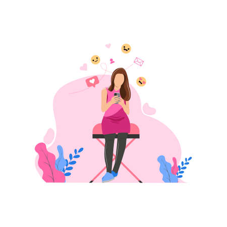 Concept of inactivity in social networks. Girl looks at her smartphones with social media elements and emoji icons on the background.vector illustration.のイラスト素材