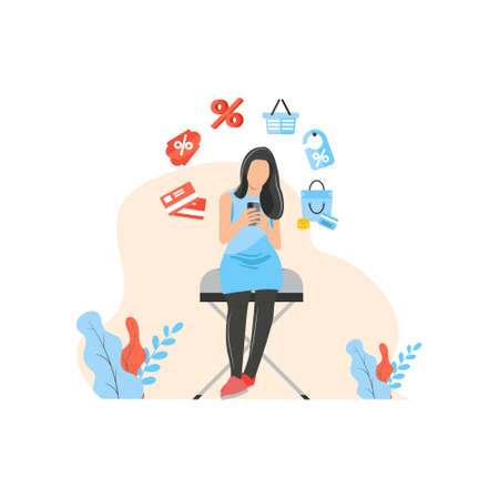 Concept of inactivity in online shop. Girl looks at her smartphones with marketing elements.vector illustration.のイラスト素材