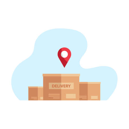 Vector cardboard boxes and a red position pin. Locating packages and goods. Algorithm for constructing a minimum route for the delivery of orders. Logistics transportation, storage warehouse.のイラスト素材