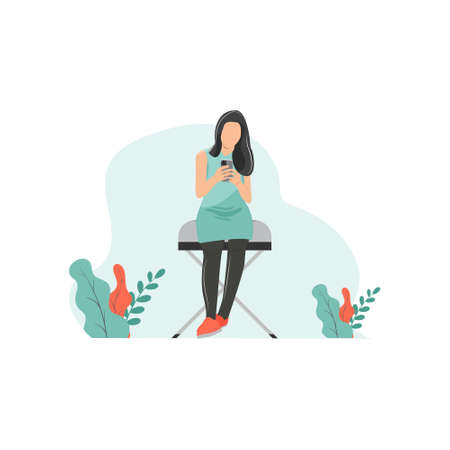 illustration of girl looking at the smartphone with botanical elements isolated on white background.のイラスト素材
