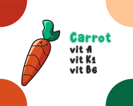vector illustration of cute carrot cartoon character with vitamins information. Good for children book illustration, kids product, kids education, etc.のイラスト素材