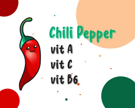 vector illustration of cute chili pepper cartoon character with vitamins information. Good for children book illustration, kids product, kids education, etc.のイラスト素材