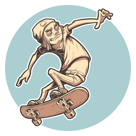 Cartoon skater boy riding on skateboard. Vetor clip art isolated on white backgroundのイラスト素材