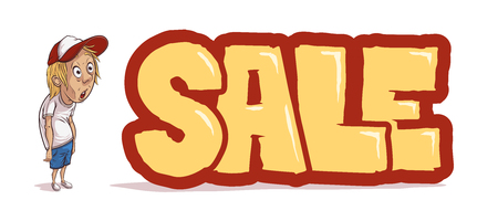 Sale banner with shocked boy. Vector clipart in cartoon style isolated on white backgroundのイラスト素材