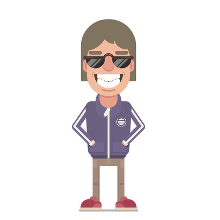 Cartoon smiling guy in sunglasses. Vector clip art based on simple shapes. Isolated on white background.のイラスト素材