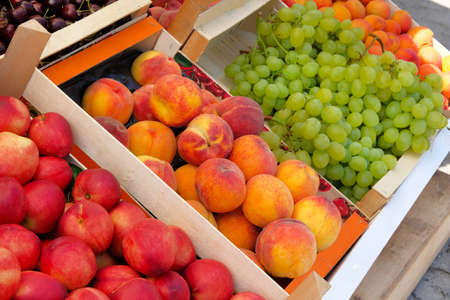 Peaches, apricots, white grapes and nectarine from mediterranean farmers market. Healthy local organic food summer market.の写真素材