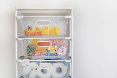 Cleaning concept. Detergent, cleaning agent and tools for cleaning room. Maid or housewife stores...