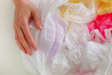 Collected plastic bags will be recycled. Ecology environment protection. Ecology. Recycled material....