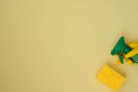 Flat lay cleaning products in spray. Housework, housekeeping and household concept. Top view. Copy space.の写真素材