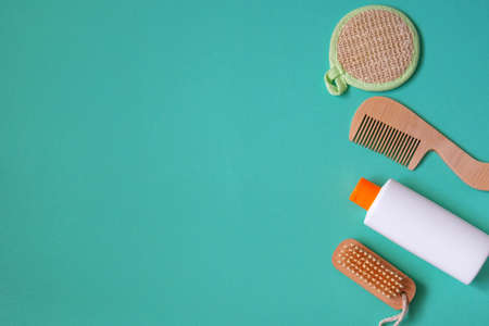 Cosmetic products on blue yellow background. Natural beauty products for branding mock-up concept....