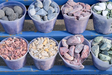 Construction Materials. Natural stones are sold in construction market. Building materials for decoration and construction.の写真素材