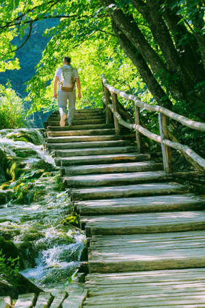 Tourist walking in nature in wooden pathway. Summer landscapes along green park in traveling...
