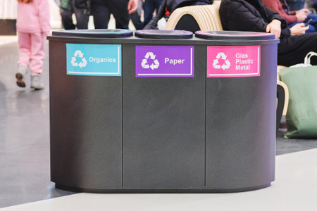 Waste recycling concept. Containers for metal, glass, paper, plastic, organic for further processing of garbage. Separate garbage collection in mall.の写真素材
