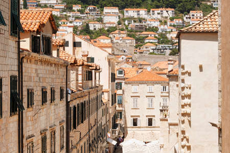 Passage between walls to the old town, the historical part of the city. Rooftop view. Summer in Croatia, Dubrovnik.の写真素材