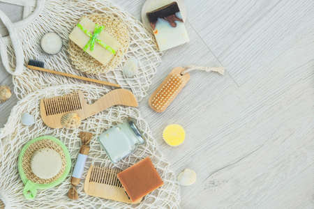 Cosmetics with natural ingredients on white background. Natural handmade cosmetics products. Top view, copy space.の写真素材
