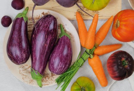 Various of vegetables. Eggplants, beets, tomatoes. Country style. Farming and harvesting. Top view.