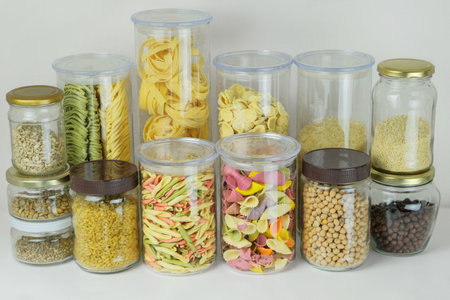 Variety of multi-colored pasta and and other groceries in glass containers. Types of uncooked pasta,...