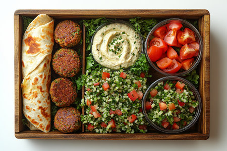 Falafel wrap, tabbouleh salad and hummus dip in a wooden lunch box. Middle Eastern lunch box. Meal planning.の素材