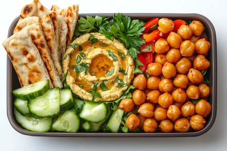Plant based lunch box with hummus, roasted chickpeas, fresh veggie sticks and whole wheat pita bread on. Healthy office lunch box.の素材