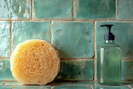 Top view of sponge next to a light detergent bottles on a background of ceramic tiles in green colors. Eco-friendly trends.の素材