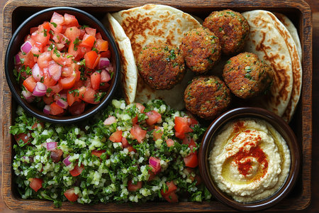 Falafel wrap, tabbouleh salad and hummus dip in a wooden lunch box. Middle Eastern lunch box. Lunch idea.の素材
