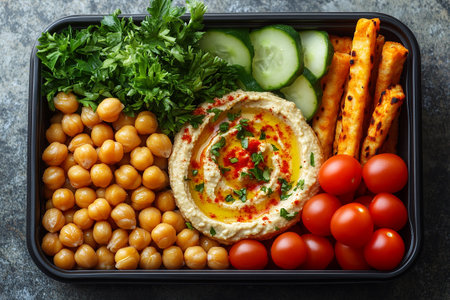 Plant based lunch box with hummus, roasted chickpeas, fresh veggie sticks and whole wheat pita bread on. Lunch idea.の素材