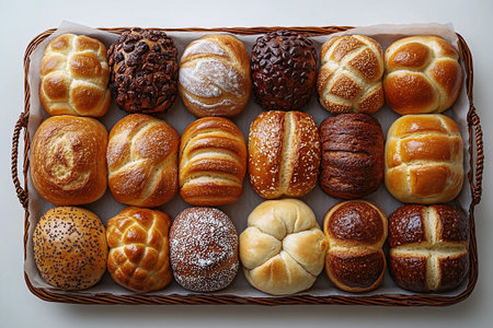 Variety of baked buns in on a wooden trading tray on a white background. Top view. Home bread.の素材