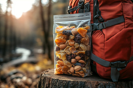 Freeze-dried fruit and nuts in a transparent zip bag on a tree stump next to the red backpack. Quick snacks. Outdoor eating.の素材