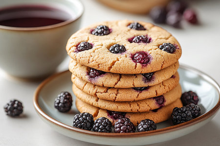 Stack of freshly baked cookies with berries alongside a cup of coffee. A perfect image for promoting cozy moments, snacks, and coffee breaks.の素材