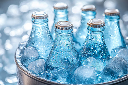Retro cooler filled with glass soda bottles and ice. Retro style. Close-up. Summer decoration.の素材