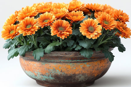 Chrysanthemums plant with orange flowers on a white background. Ceramic vase. Close-up.の素材