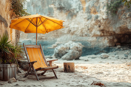 Umbrella and chairs set up on sand in beach of ocean. Summer adventure. Sunny.の素材