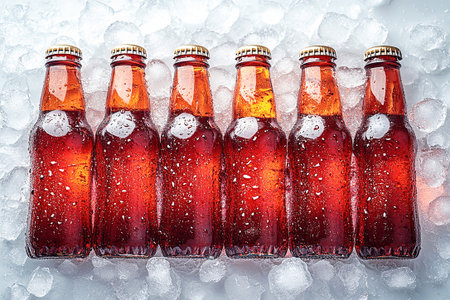 Retro cooler filled with glass soda bottles and ice. Retro style. Close-up. Summer drinks. Top view.の素材