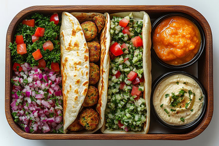 Falafel wrap, tabbouleh salad and hummus dip in a wooden lunch box. Middle Eastern lunch box. Food container.の素材