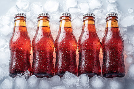 Retro cooler filled with glass soda bottles and ice. Retro style. Close-up. Summer design.の素材