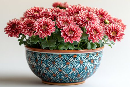 Chrysanthemums bush with fleshy leaves and red flowers. Vintage rustic pot.の素材