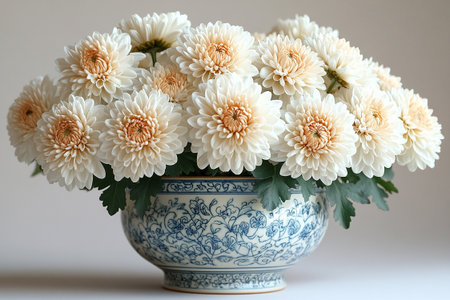 Chrysanthemums plant with white flowers on a white background. Small potted plant. Modern plant-related marketing.の素材