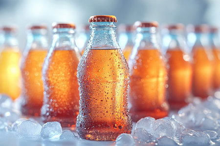 Retro cooler filled with glass soda bottles and ice. Retro style. Close-up. Summer celebration.の素材