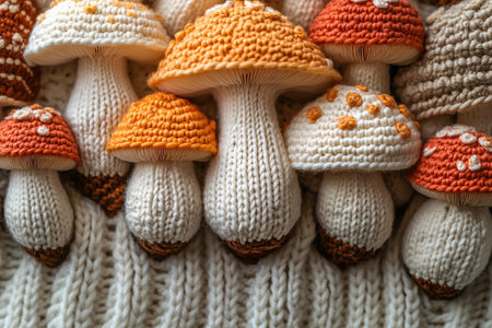 Crocheted bright mushrooms on a white background. Autumn atmosphere. Creative hobby. Rustic Charm.の素材