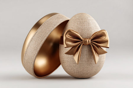 Easter egg shaped gift box on white background. Easter traditions. Holiday packaging. Luxurious wrapping.の素材